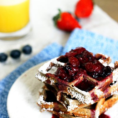 Whole Wheat Berry Waffles with Strawberry Blueberry Syrup
