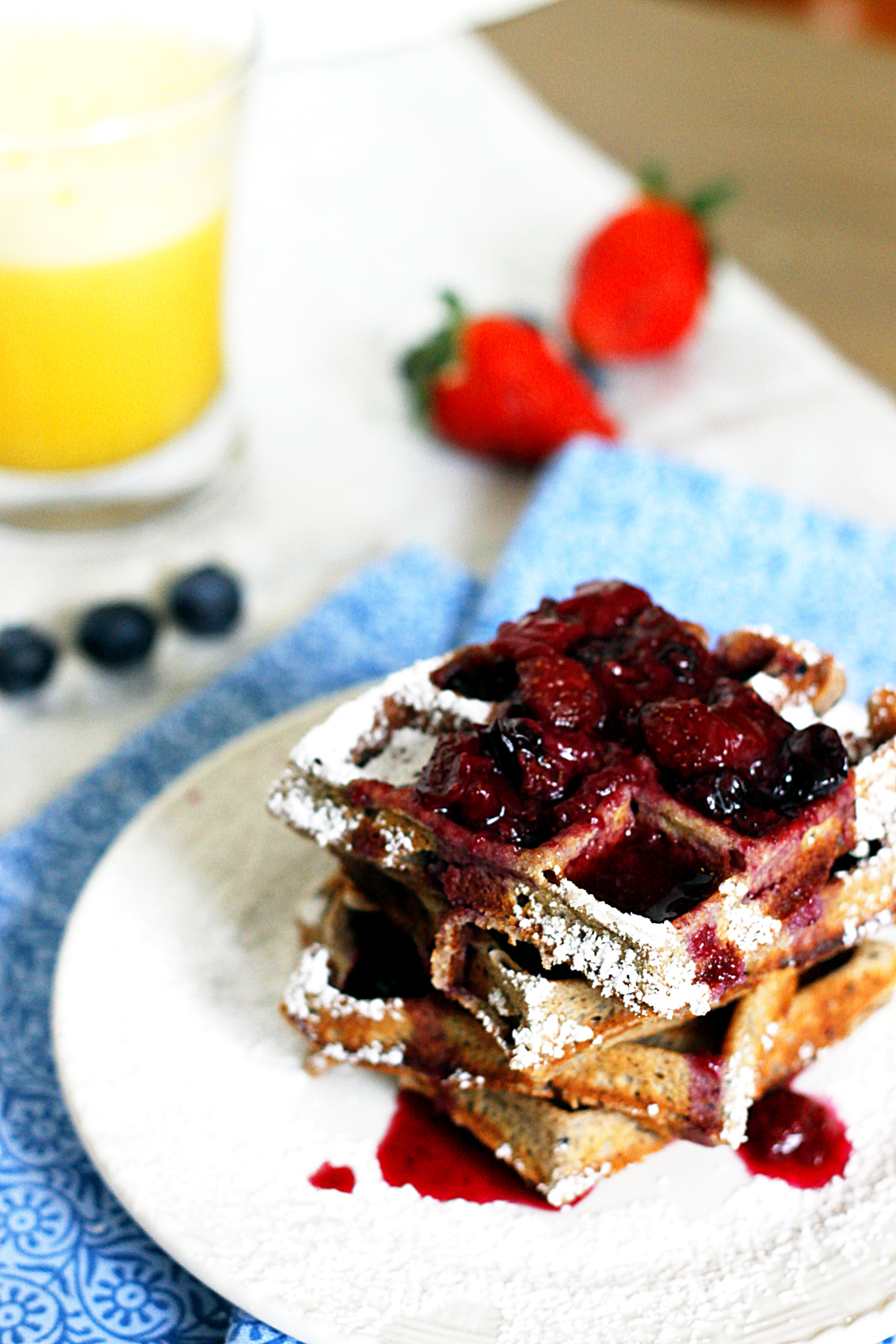 Whole Wheat Berry Waffles with Strawberry Blueberry Syrup