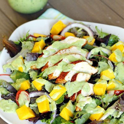 Blackened Chicken and Mango Salad with Creamy Avocado Dressing