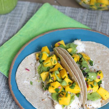 Coconut Chicken Tacos with Mango Salsa and Avocado Green Sauce