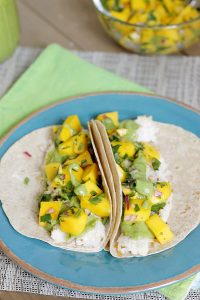 Coconut Chicken Tacos with Mango Salsa and Avocado Green Sauce