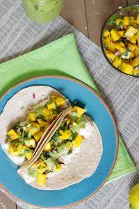 Coconut Chicken Tacos with Mango Salsa and Avocado Green Sauce