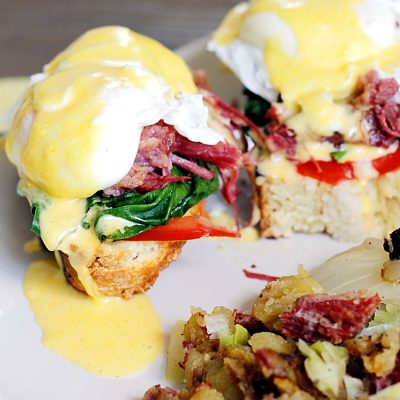 Irish Eggs Benedict with Corned Beef and Cabbage Hash