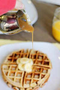 Banana Waffles with Peanut Butter Maple Syrup