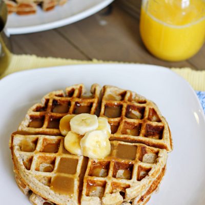Banana Waffles with Peanut Butter Maple Syrup