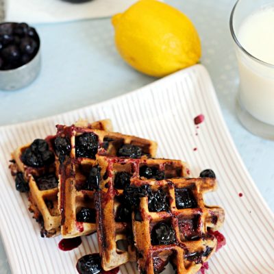 Whole Wheat Blueberry-Lemon Waffles with Blueberry Maple Syrup