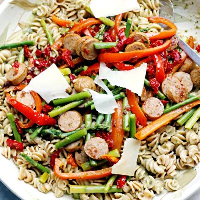 Chicken Sausage and Veggies over Pistachio Mint Pesto Pasta