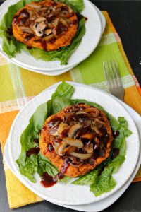 Quinoa Sweet Potato Patties with Caramelized Onions and Mushrooms