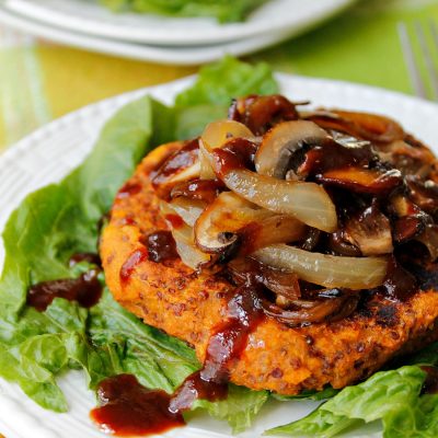 Quinoa Sweet Potato Patties with Caramelized Onions and Mushrooms