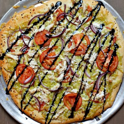 Chicken & Pesto-Gouda Pizza Drizzled with Balsamic Glaze