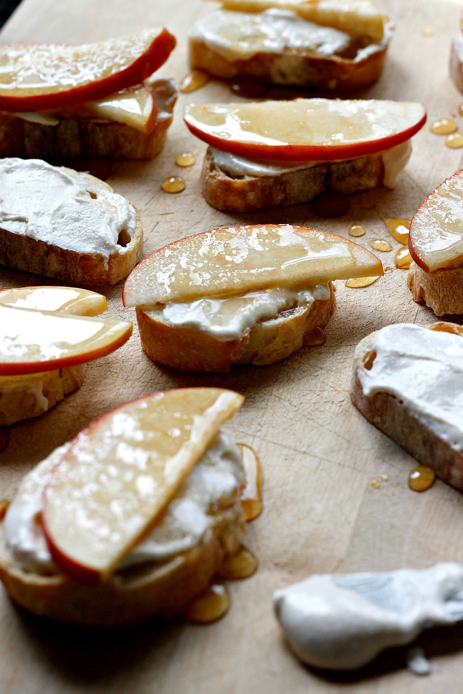 Cinnamon Whipped Feta and Honey Drizzled Apple Crostinis
