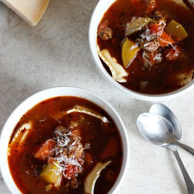Spicy Sausage, Zucchini, and Cheese Ravioli Soup