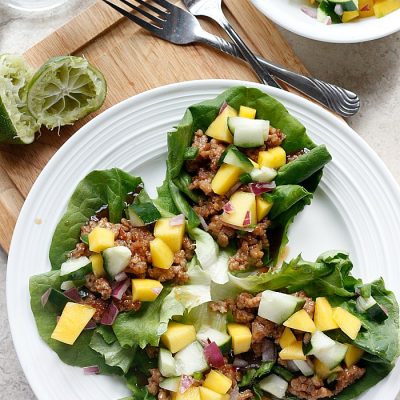 Hoisin Lime Pork Lettuce Wraps with a Cucumber Mango Salsa