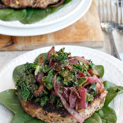 Quinoa Turkey Burgers with Caramelized Garlicky Kale and Onions