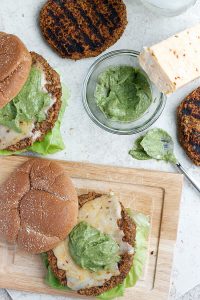 Quinoa, Black Bean, and Sweet Potato Burger with Avocado Crema and Buffalo Cheddar | Fabtastic Eats