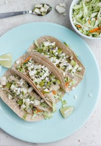 Crispy Tilapia Tacos with Spicy Cabbage Slaw and Pear-Kiwi Salsa | Fabtastic Eats