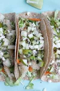 Crispy Tilapia Tacos with Spicy Cabbage Slaw and Pear-Kiwi Salsa | Fabtastic Eats