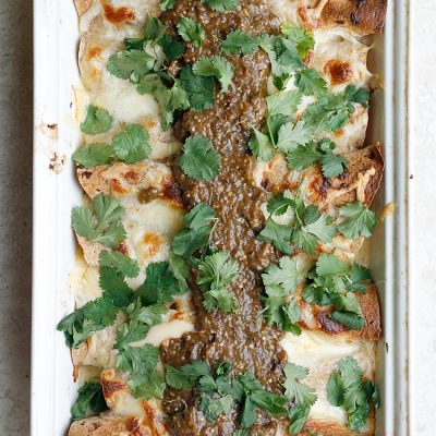 Roasted Tomatillos, Chicken and Cheese Sauce Enchiladas