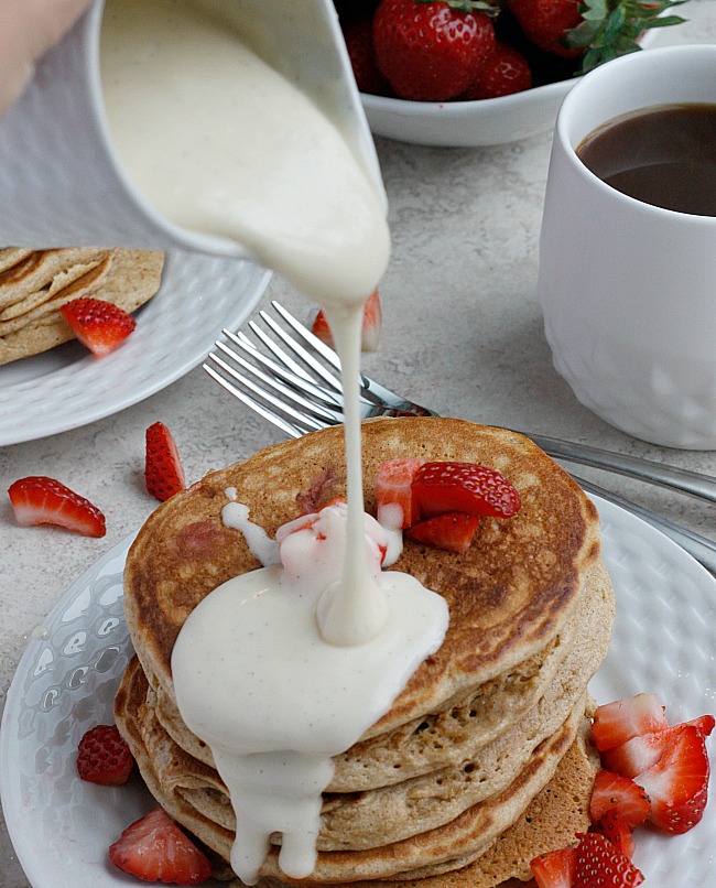 Strawberry Pancakes with Vanilla Bean-Mascarpone Syrup | Fabtastic Eats
