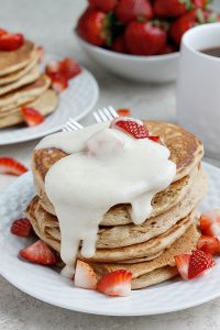 Strawberry Pancakes with Vanilla Bean-Mascarpone Syrup | Fabtastic Eats