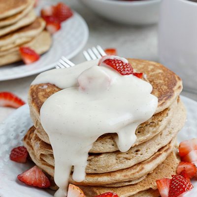 Strawberry Pancakes with Vanilla Bean-Mascarpone Syrup