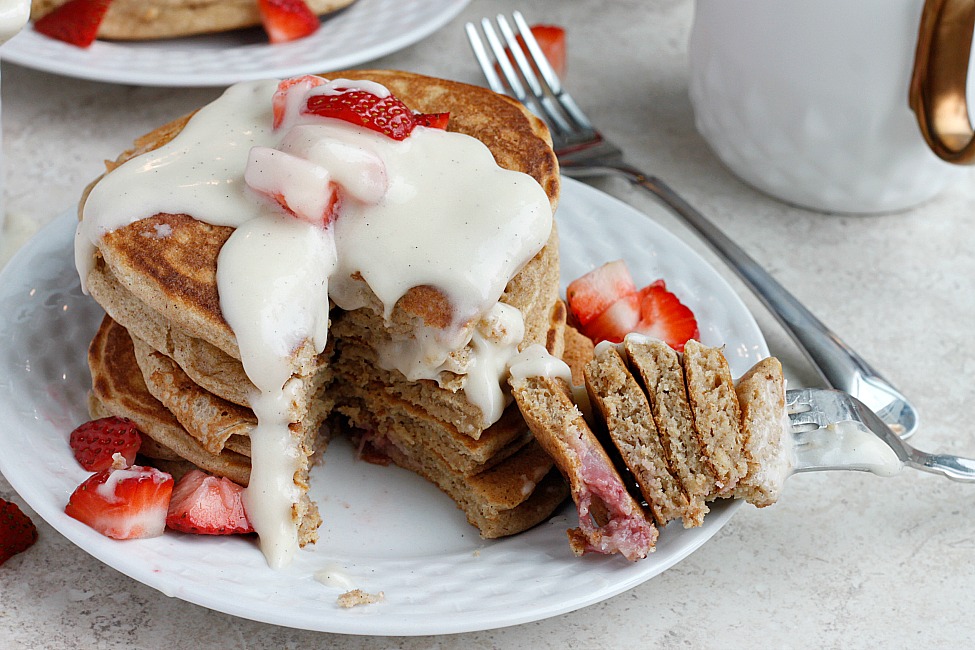 Strawberry Pancakes with Vanilla Bean-Mascarpone Syrup