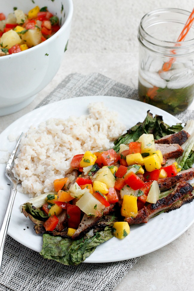 Grilled Pork Salad with Fruit Salsa and Coconut Rice | Fabtastic Eats