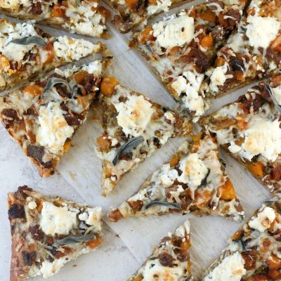 Butternut Squash, Brussels, Spicy Sausage, and Ricotta Pizza