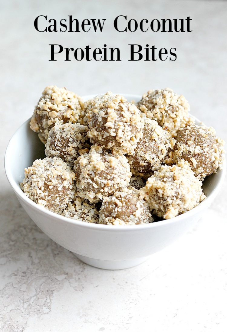 Cashew Coconut Protein Bites...healthy, DELICIOUS, snacks that taste like an indulgent cookie without any of the guilt! Made a batch at the beginning of the week and they're SO good! Plus great for grabbing on the go!